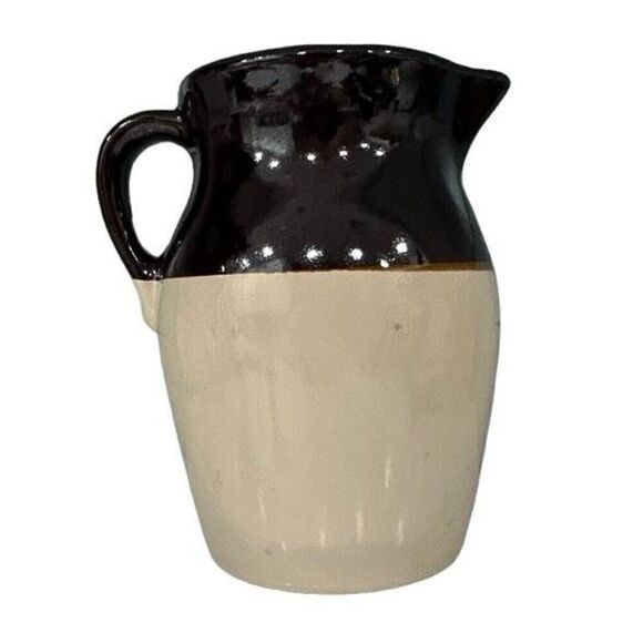 Vintage Stoneware Pottery Crock Pitcher 9" Brown Tan Two Tone with Handle - Picture 4 of 7